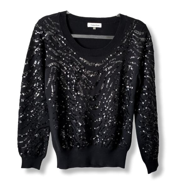 Women Calvin Klein V Neck Black Sequin Sweater Jumper S Holiday Cocktail Sparkle - Picture 1 of 10